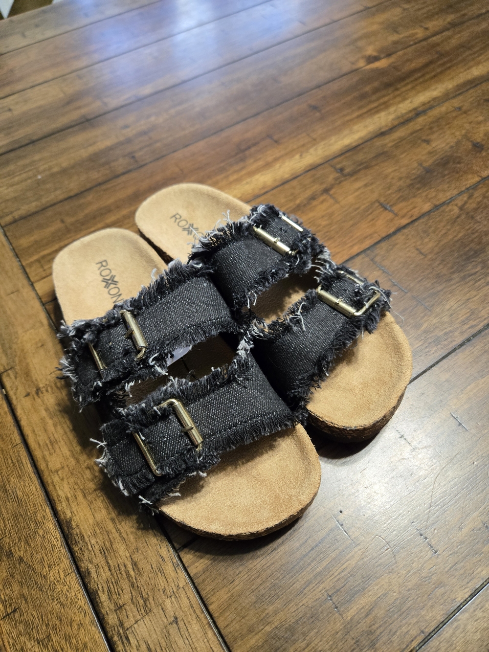 Roxoni Black Frayed Double-Buckle Slide Sandals